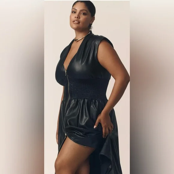 Anthropologie Tommie Cap-Sleeve Smocked Front-Zip Shirt Dress: Faux-Leat… - Picture 7 of 13